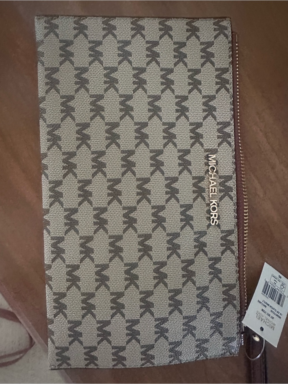 Michael Kors Brown Signature MK Zip Wristlet Clutch